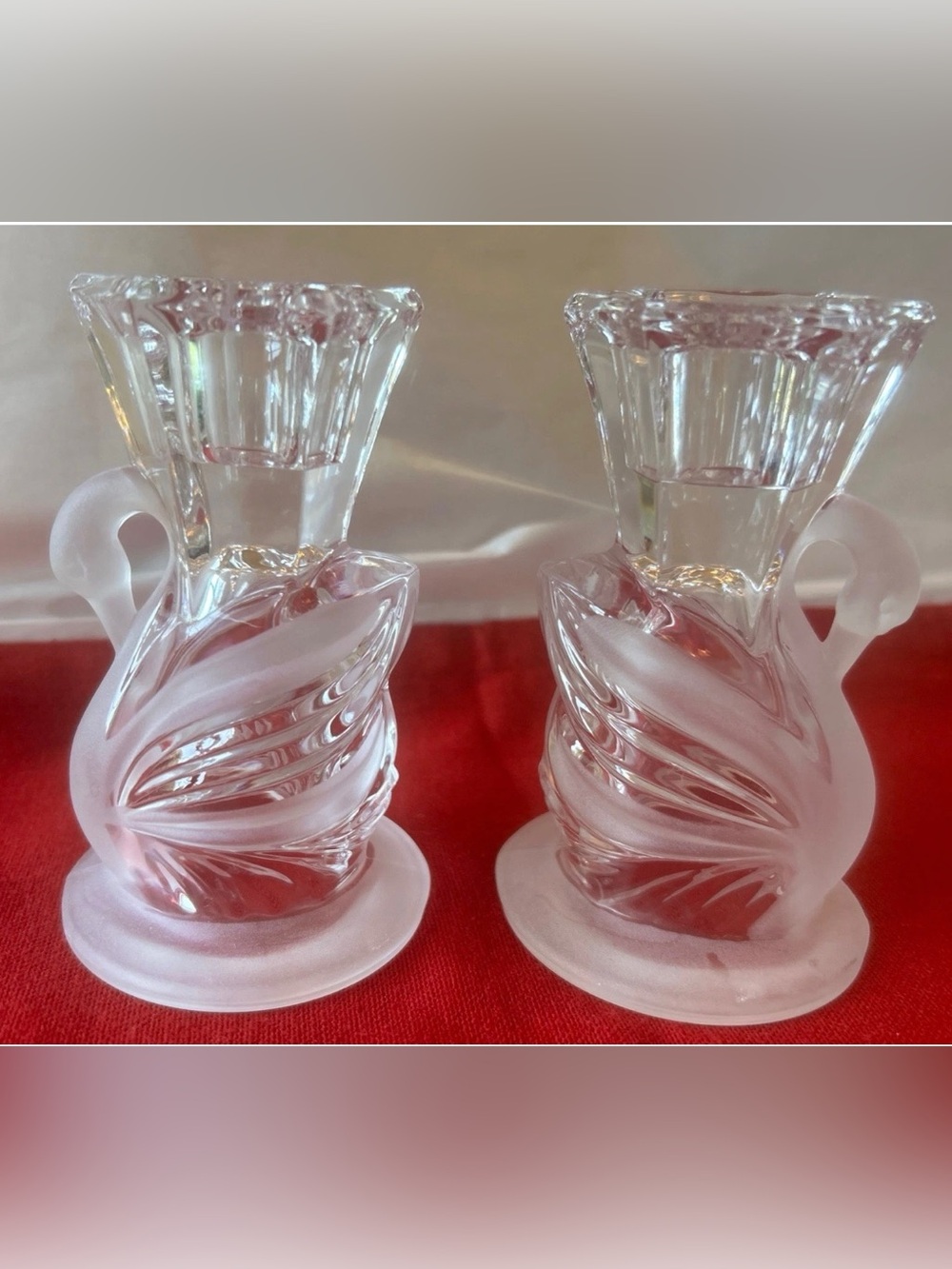 Lead Crystal Clear/Frosted Swan Taper Candlestick Holders Partylite Made In USA